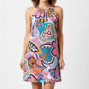 Skirtin Around Silk Scarf Floral Pattern Pink/Multi Sleeveless Halter Dress 10